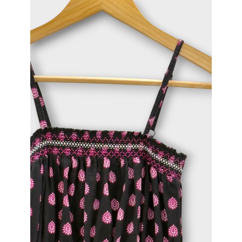 World Market Boho Maxi Dress Black Pink Paisley Border Print Cotton S/M Smocked - Picture 4 of 14